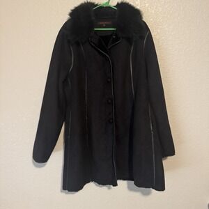 Anne Klein Winter Coat size XL Black Microsuede Faux Fur Button Front Jacket
